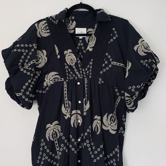 Umgee Dress Palm Tree Embroidered S Black Puff Sleeve Smocked Boho Resortwear - Picture 4 of 10